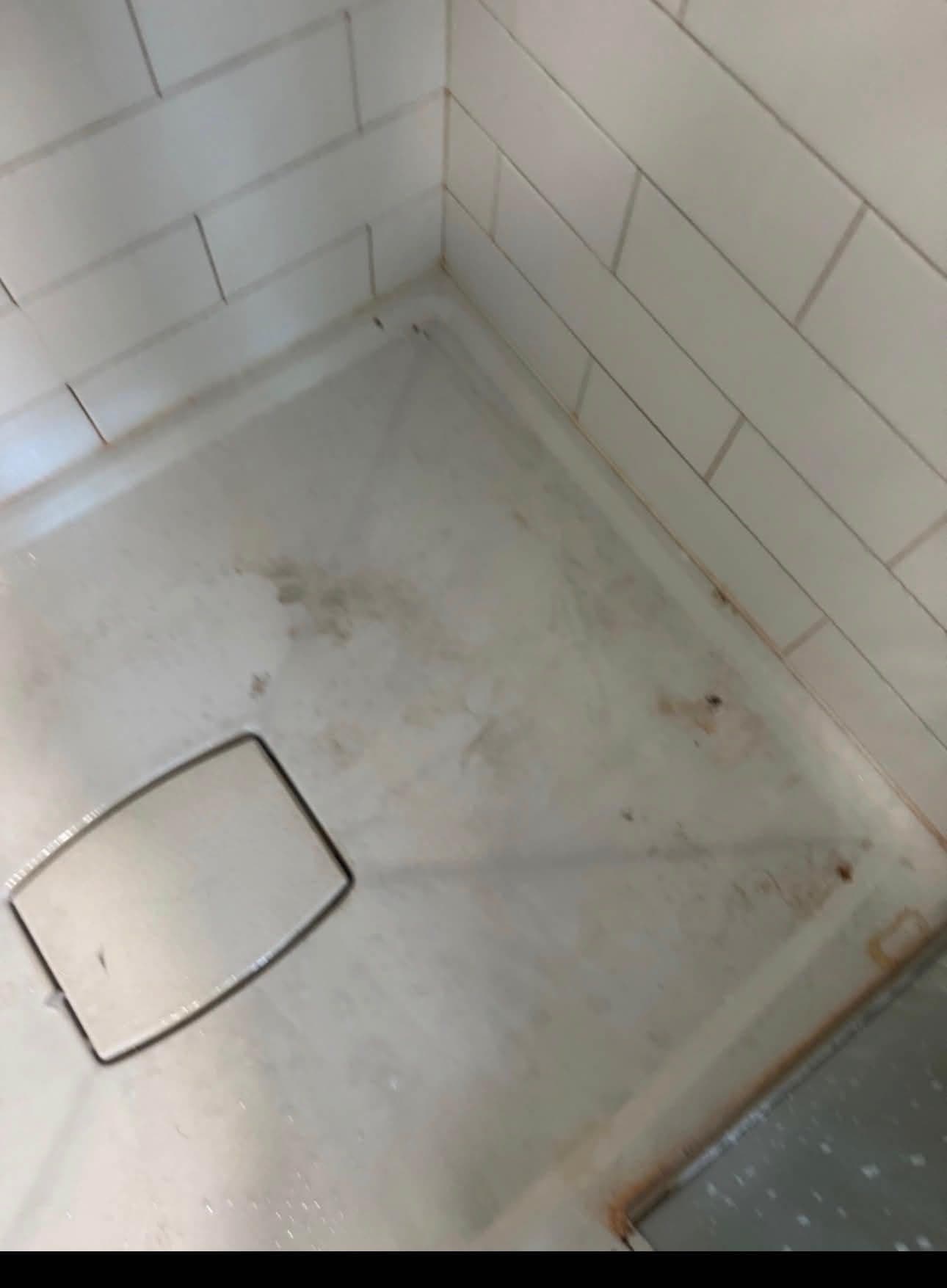 A spotless glass shower door and floor